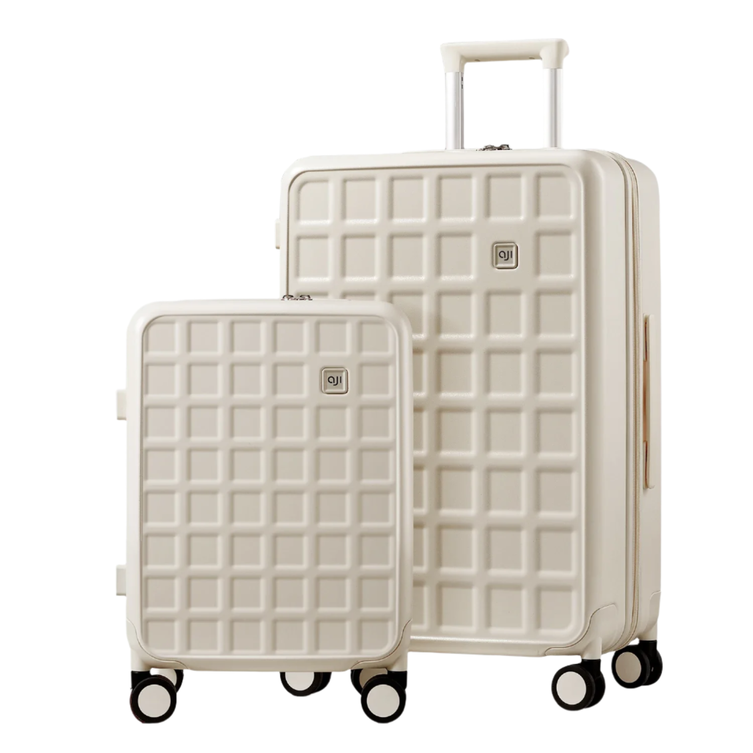 Two white checkered suitcases with wheels on a white background, featuring the QJI brand.