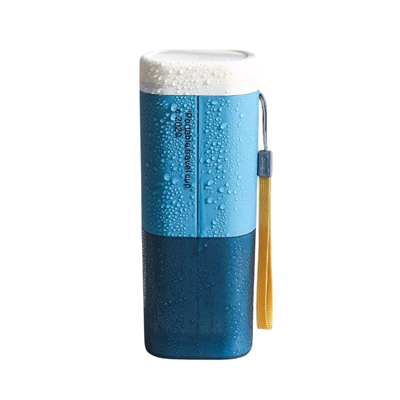 Blue and white tumbler with a straw on a white background