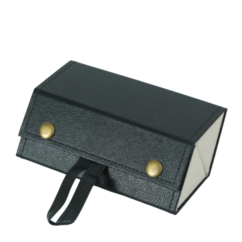Black leather pouch with gold buttons on a white background