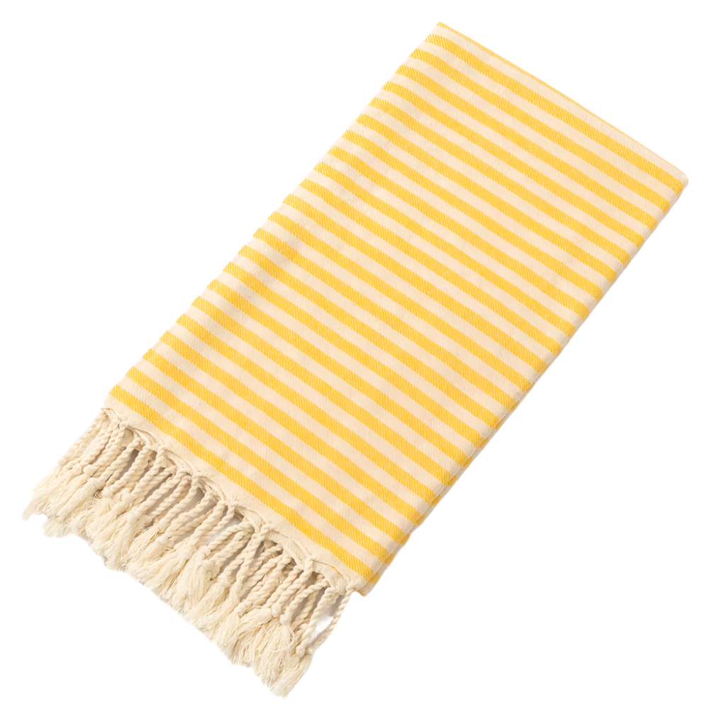 Yellow and white striped towel with fringes on a white background