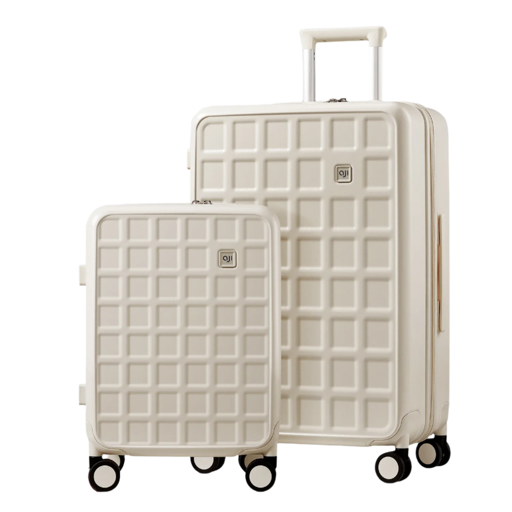 Two white checkered suitcases with wheels on a white background, featuring the QJI brand.