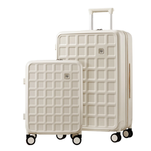 Two white checkered suitcases with wheels on a white background, featuring the QJI brand.