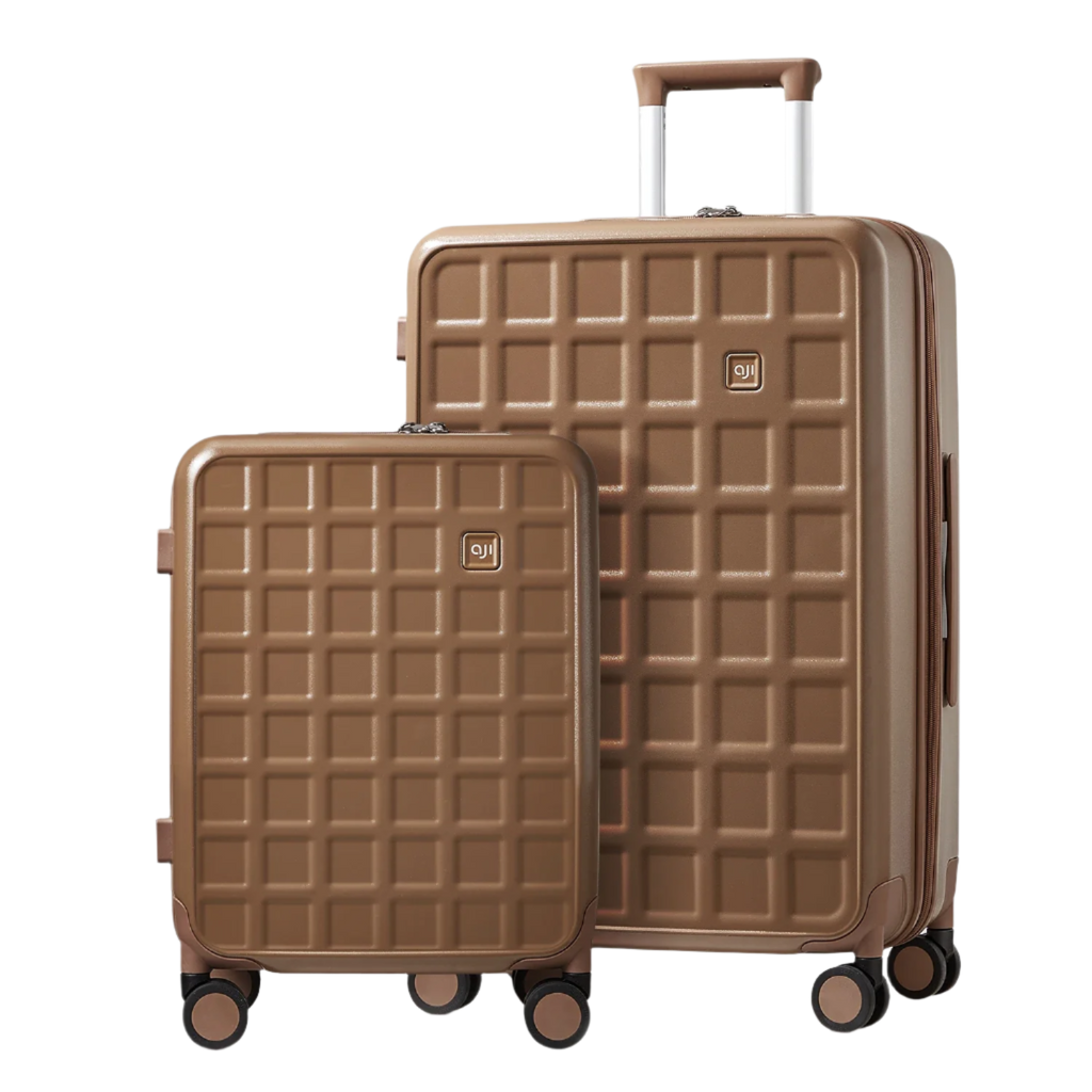 Two brown checkered suitcases with wheels on a white background