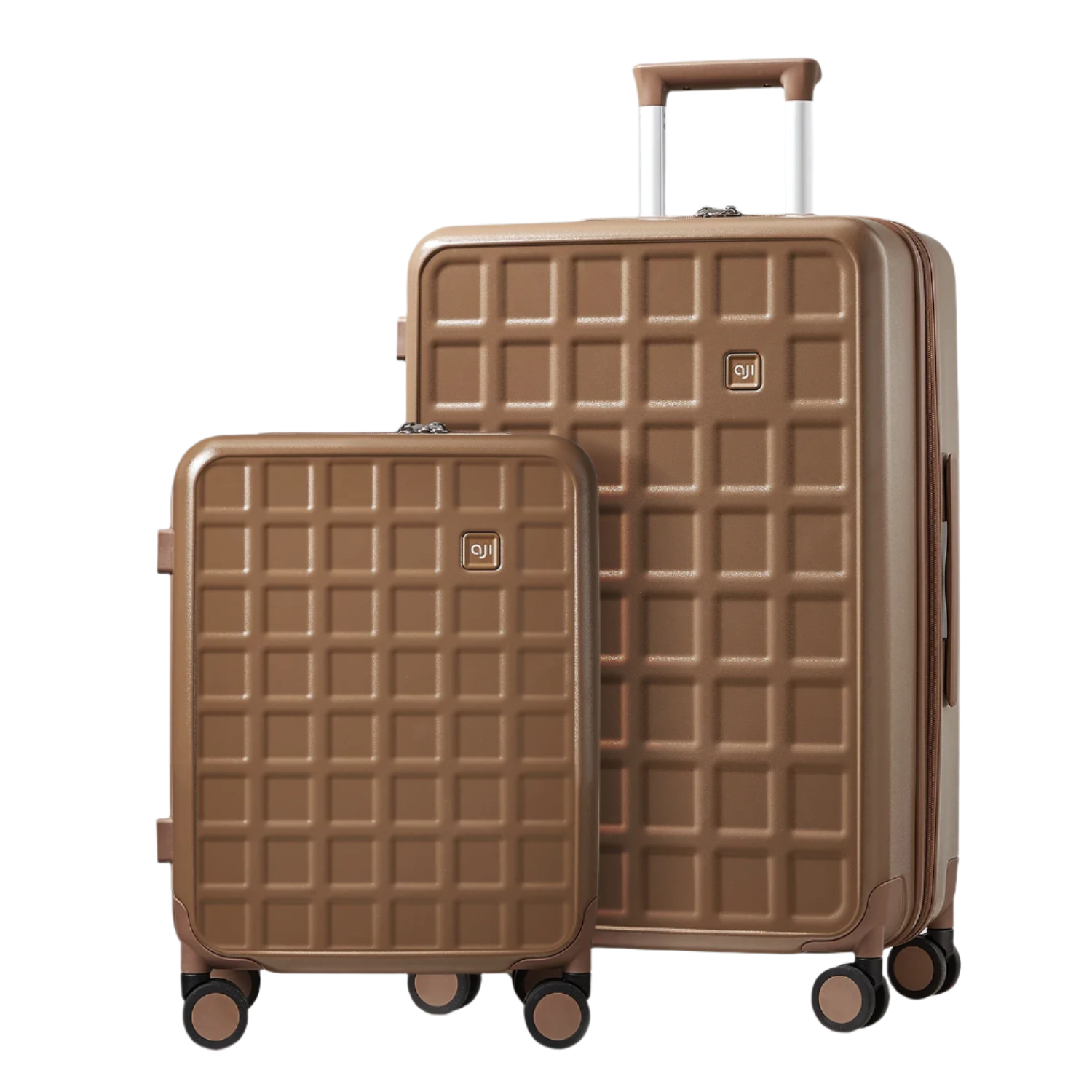 Two brown checkered suitcases with wheels on a white background