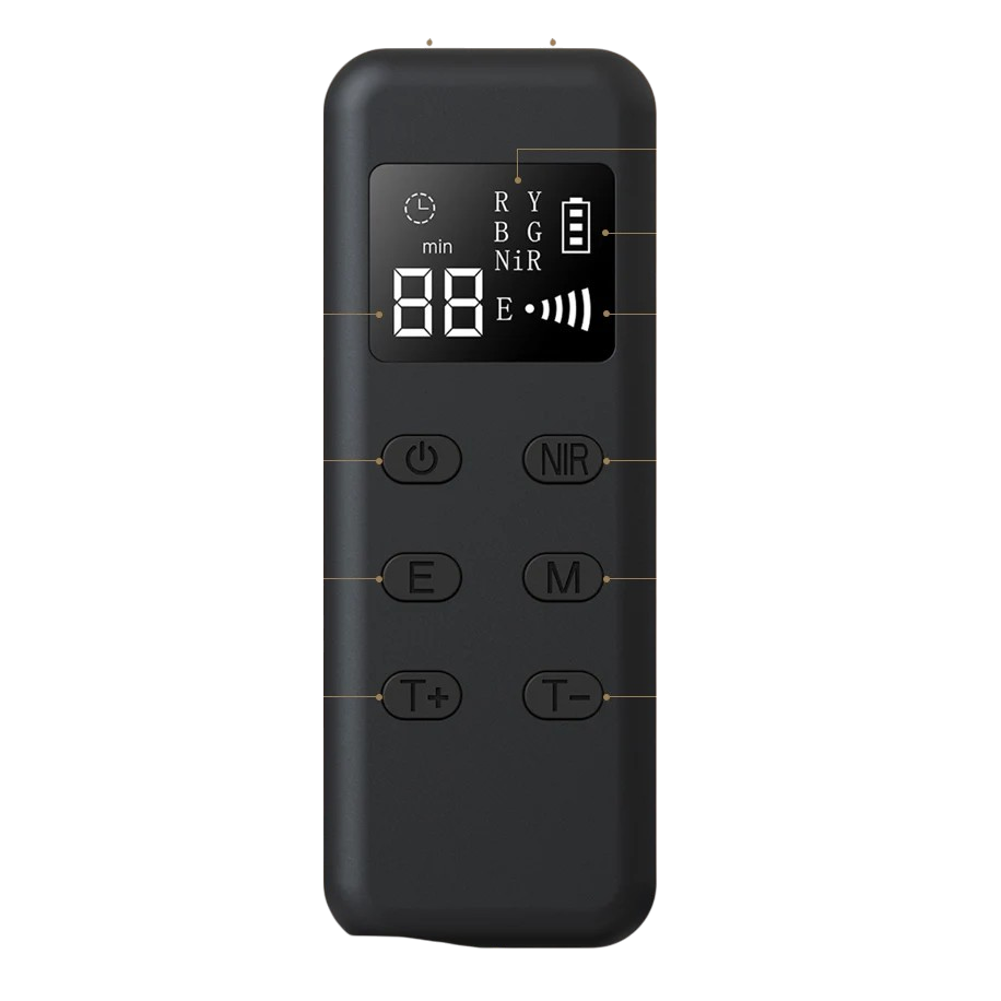 Black electronic device with digital display and control buttons on a white background