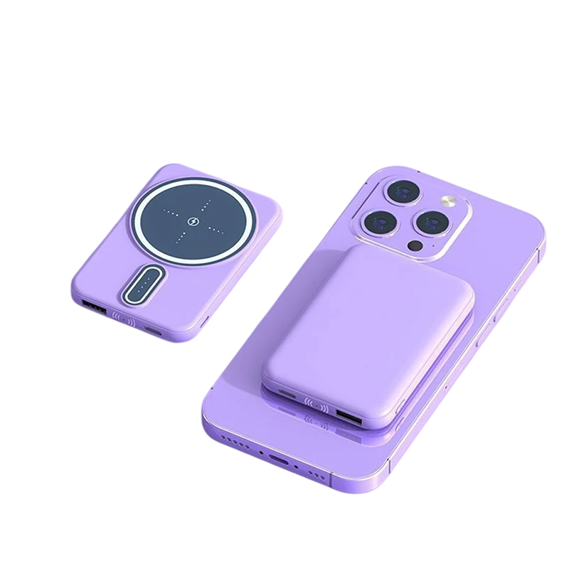 Purple smartphone with wireless charging pad on a white background