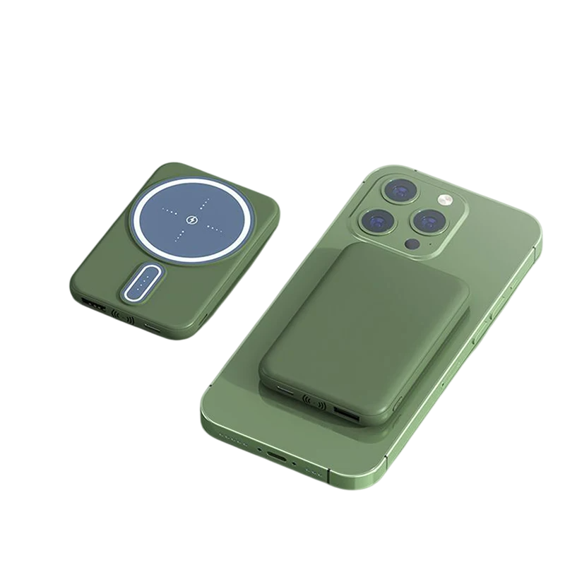 Green phone case with wireless charging pad on a white background