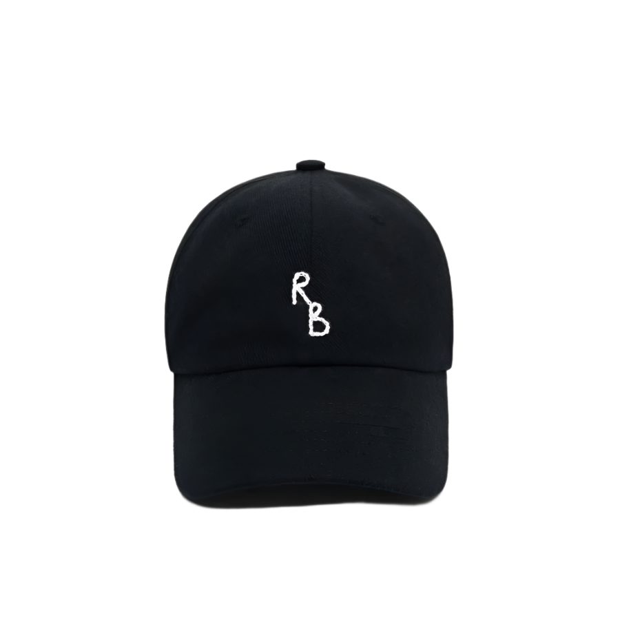 Black cap with white embroidered logo on a light gray background