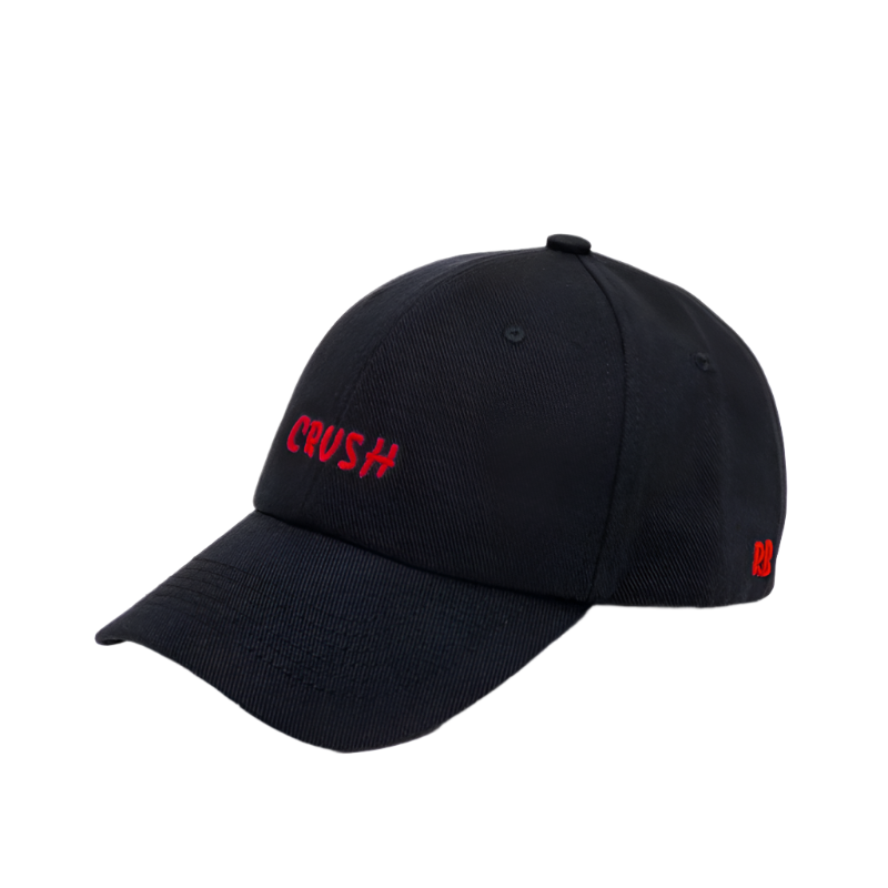 Black cap with red text on a white background
