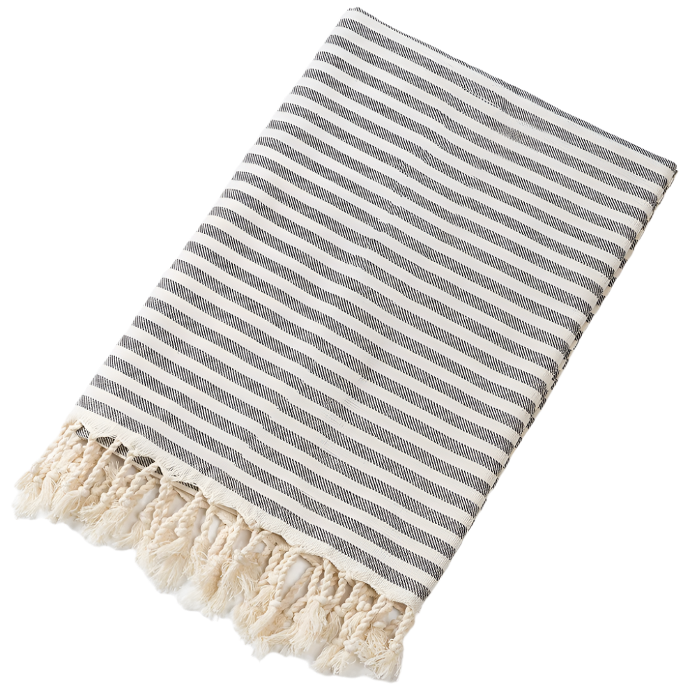 Striped towel with tassels on a white background