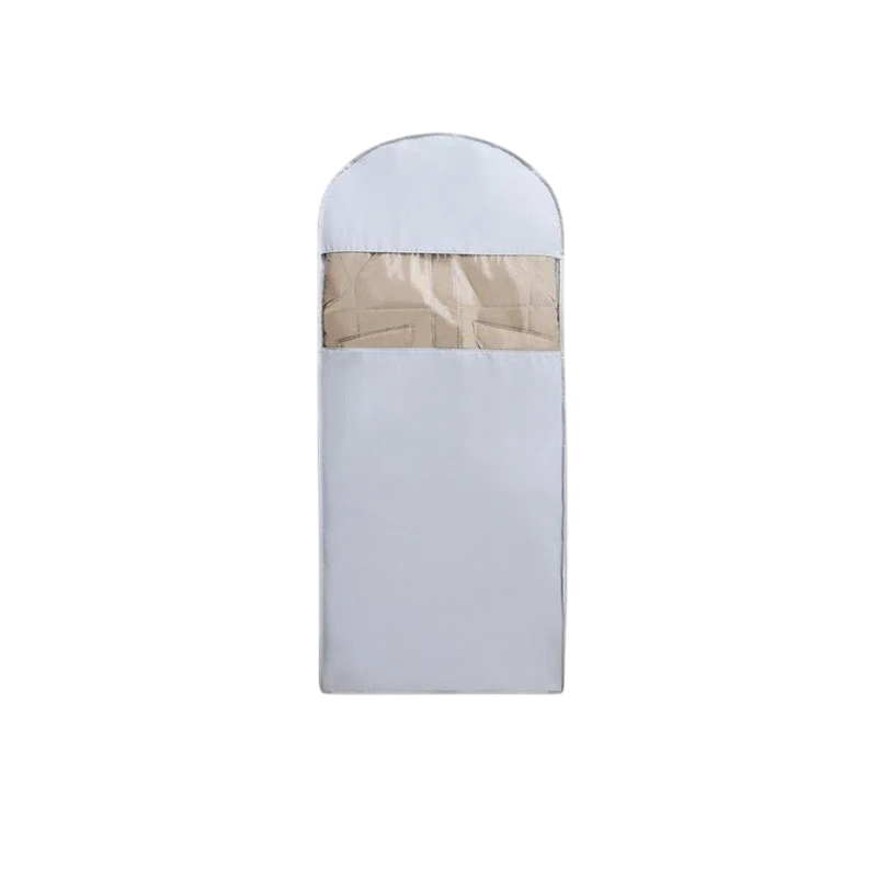 Folded beige blanket inside a gray envelope on a white background