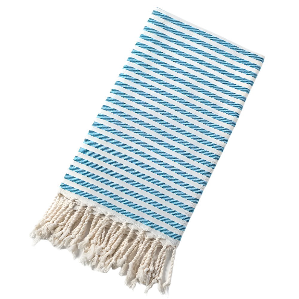 Striped towel with blue and white stripes and fringes on a white background