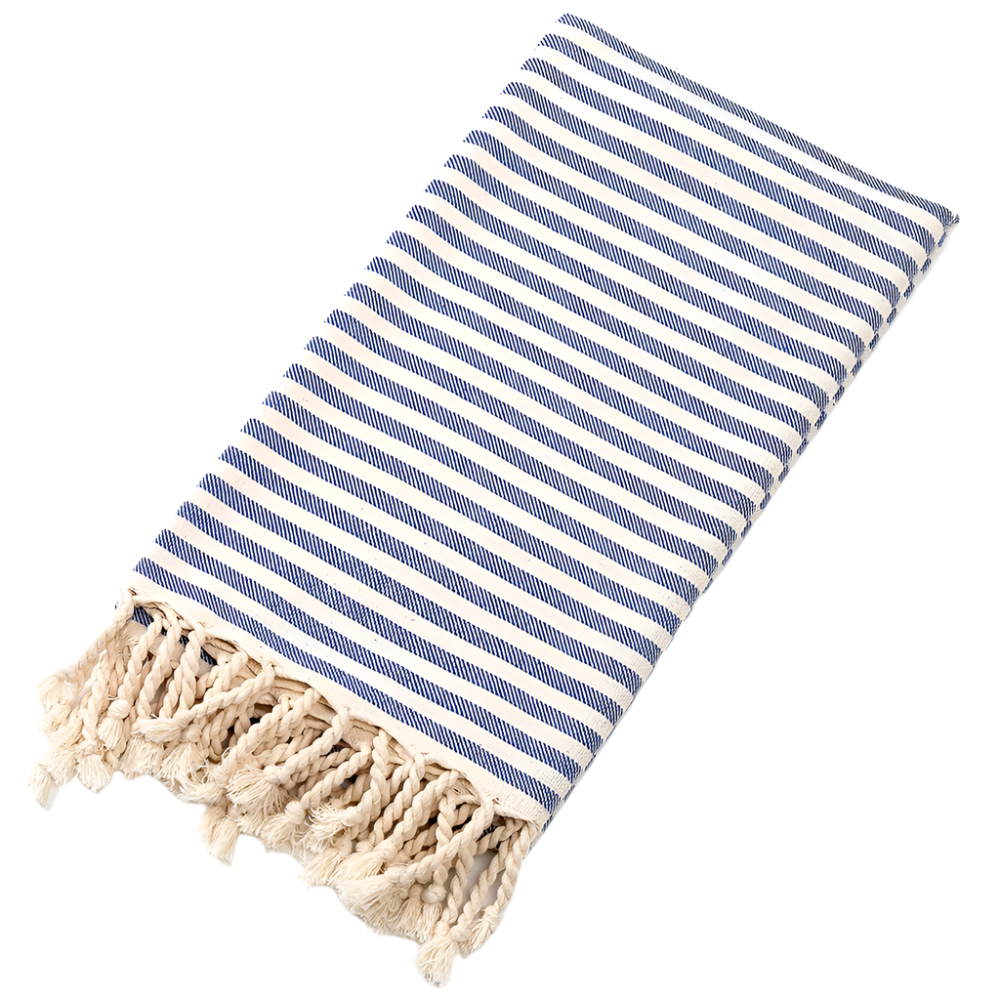 Striped towel with tassels on a white background