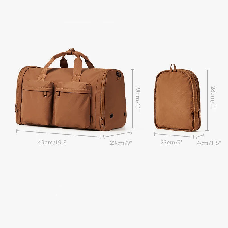 Brown duffel bag and backpack with dimensions and product details on a white background
