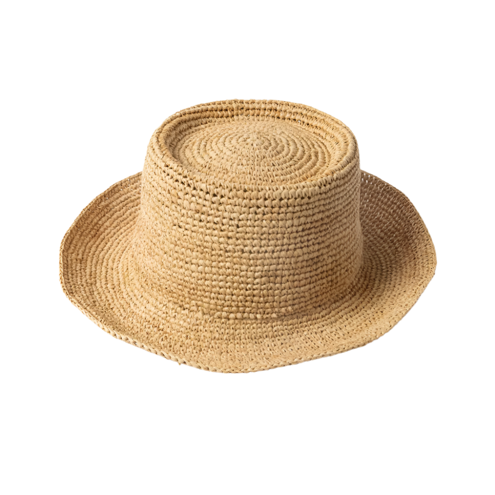 Woven straw hat on a light gray background
