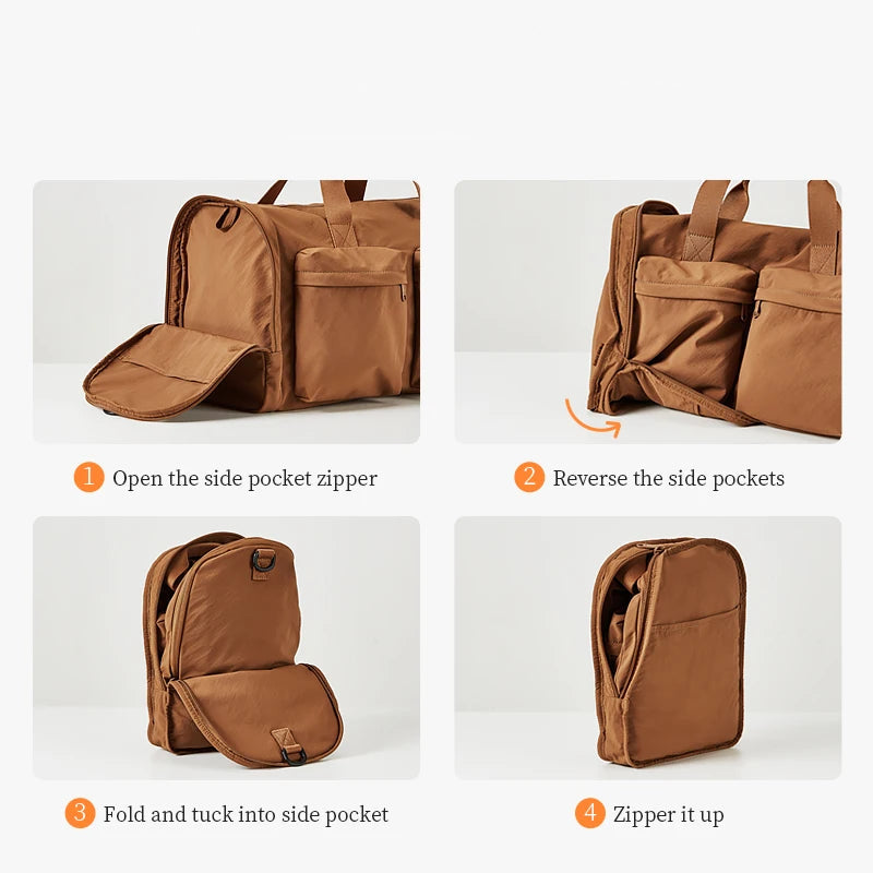 Step-by-step guide on how to quickly fold a brown bag with images and text.