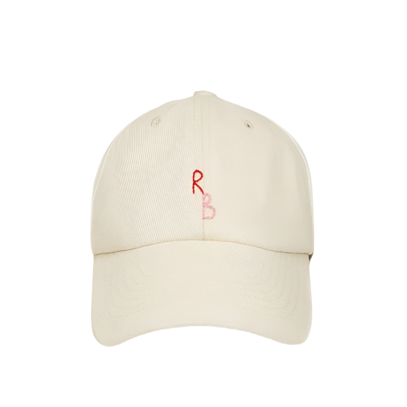 Beige cap with red and black logo on a white background