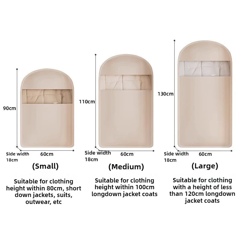 Dimensions of different sizes of a clothing cover with text indicating suitable clothing heights.