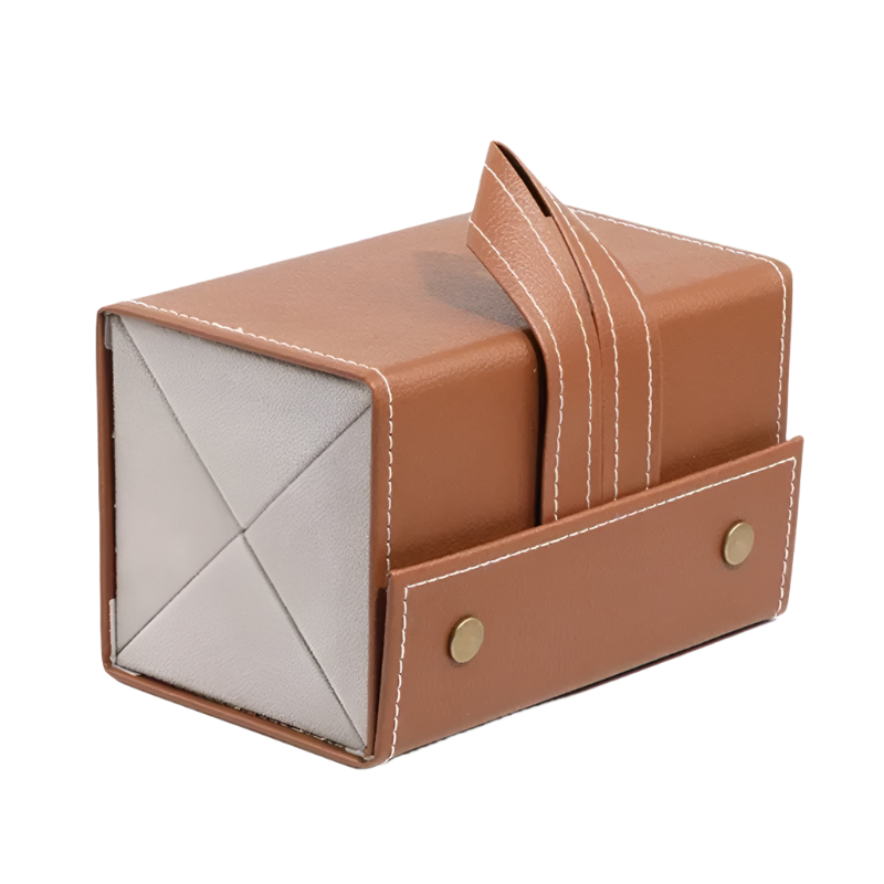 Brown leather card holder with beige interior on a white background