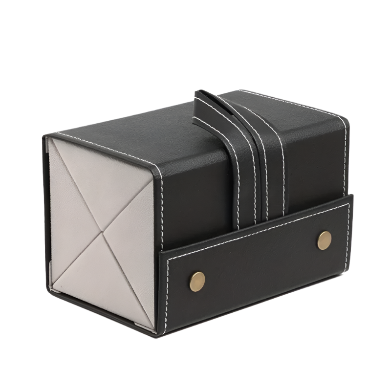 Black and gray geometric desk organizer on a white background