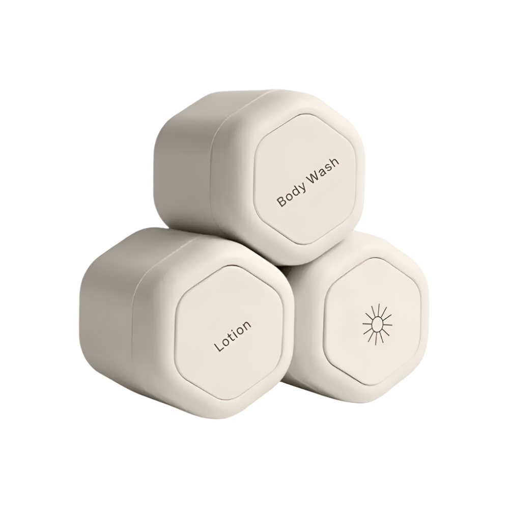 Three beige containers labeled 'Body Wash', 'Lotion', and a sun icon on a white background