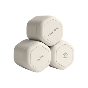 Three beige containers labeled 'Body Wash', 'Lotion', and a sun icon on a white background