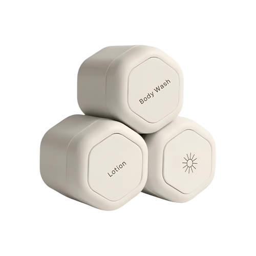 Three beige containers labeled 'Body Wash', 'Lotion', and a sun icon on a white background