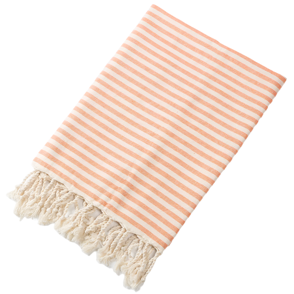 Striped towel with fringes on a white background