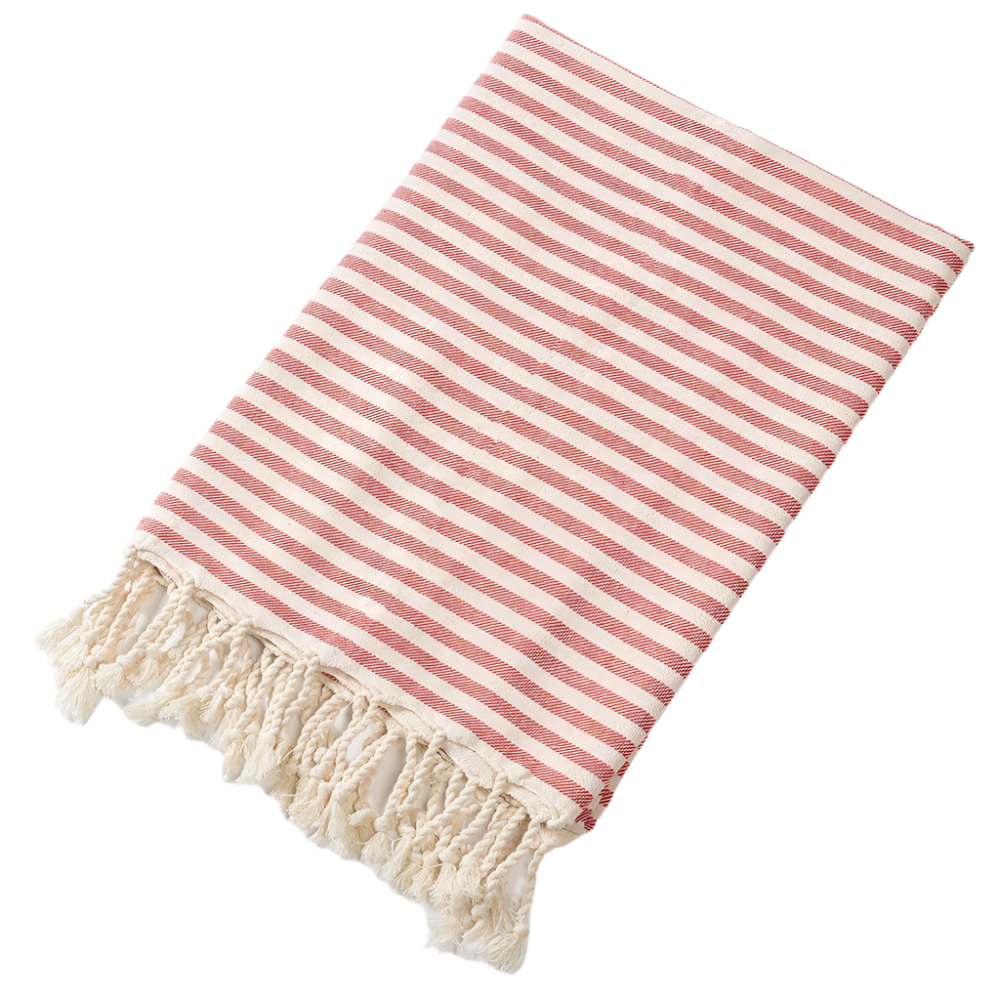 Striped towel with tassels on a white background