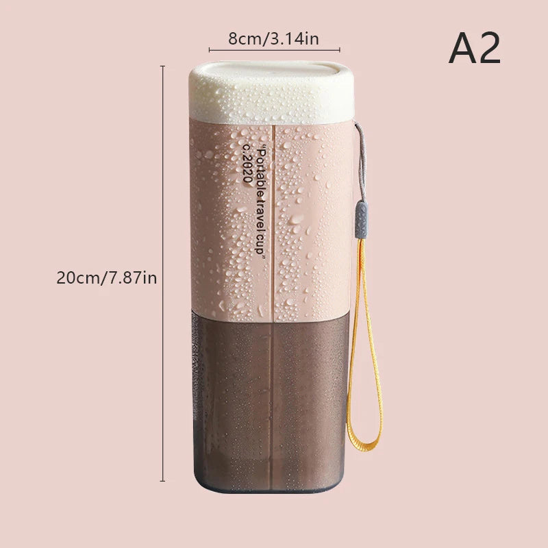 Two-tone water bottle with measurements on a pink background