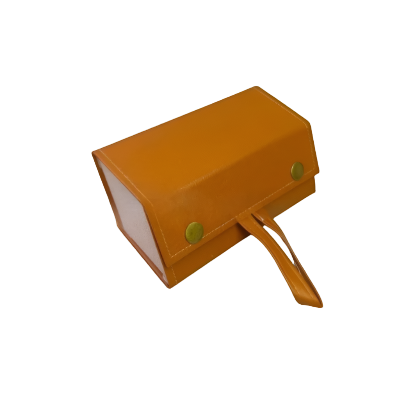 Brown leather box with a white interior on a white background